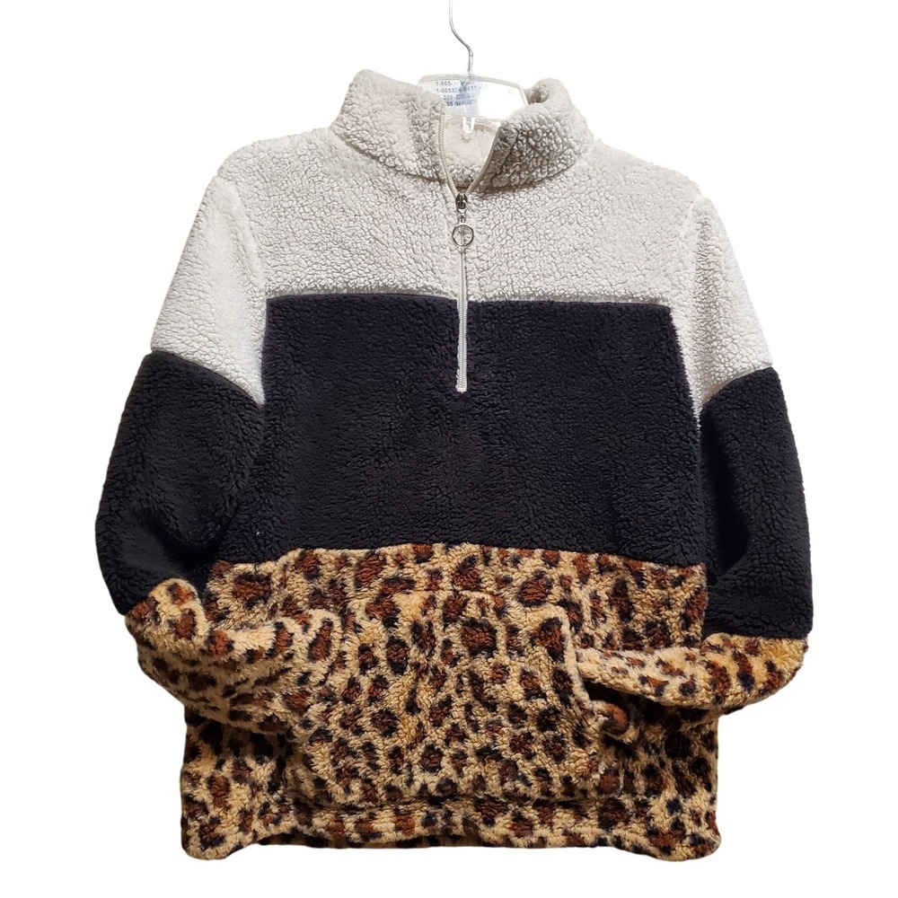 Le Moda Sherpa Leopard Print 1/4 Zip Pullover Fleece Top Women's Medium